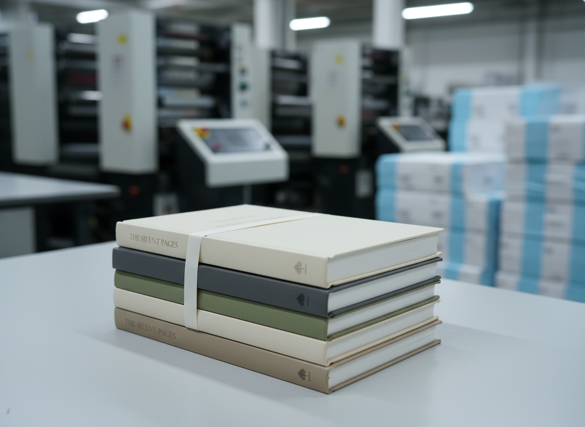 A stack of freshly printed hardcover books in neutral, elegant colors rests on a clean, light-grey production table in a professional print studio. The top book is slightly rotated to reveal the smooth, matte-laminated cover, crisp white pages, and precisely aligned spine. In the softly blurred background, modern offset printing presses and stacks of neatly arranged paper reams hint at the larger production environment. Cool, diffused overhead lighting creates subtle reflections on the cover lamination and gentle shadows beneath the books. Photographic realism, eye-level composition with a shallow depth of field, conveying a sense of high-quality craftsmanship, reliability, and calm focus on the finished product.