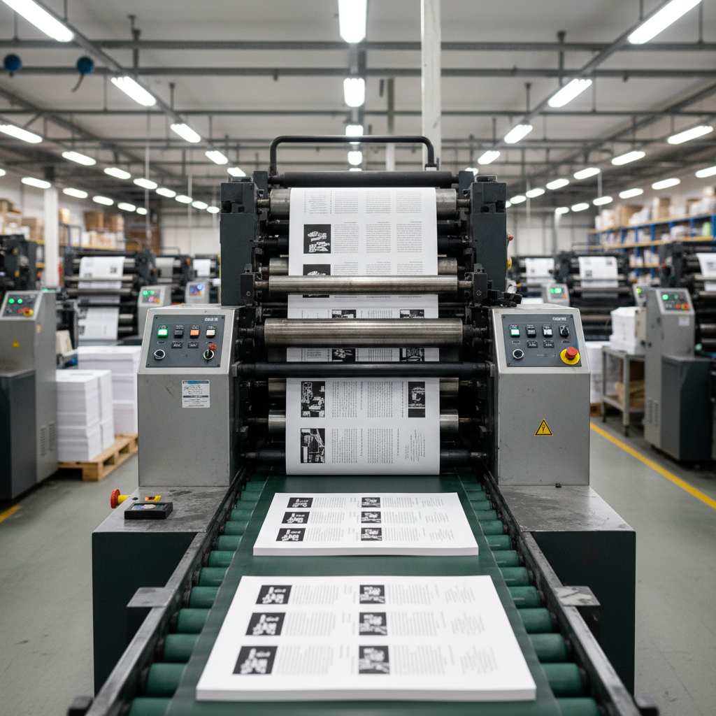 A long production line in a professional book printing facility, with an in-focus section of a modern offset press feeding large sheets of paper into the machine, while the foreground shows partially printed book pages neatly aligned on a conveyor. The camera captures fine details of the rollers, metal panels, and control lights, emphasizing the precision of the machinery. Overhead industrial lighting provides even, cool illumination, with soft shadows adding depth. The background gradually falls into a gentle blur, revealing more presses and organized shelves of materials. Photographic realism, slightly elevated angle, conveying efficiency, technical expertise, and a well-organized workspace without feeling like generic stock imagery.